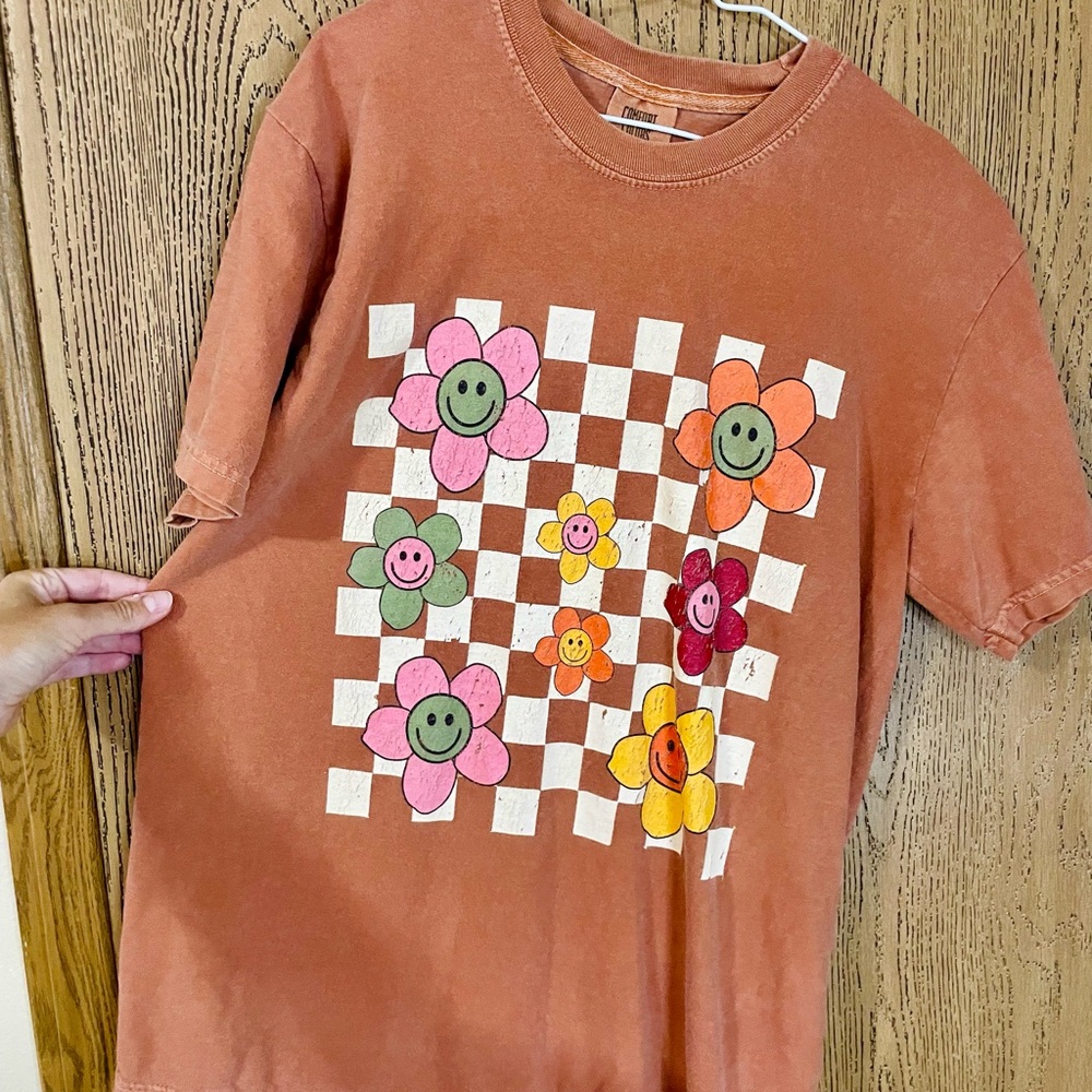 Comfort Colors Orange and Pink Short Sleeve Tee with Floral Checkerboard Design
